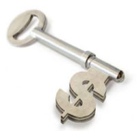 A skeleton key with an end shaped like a money symbol